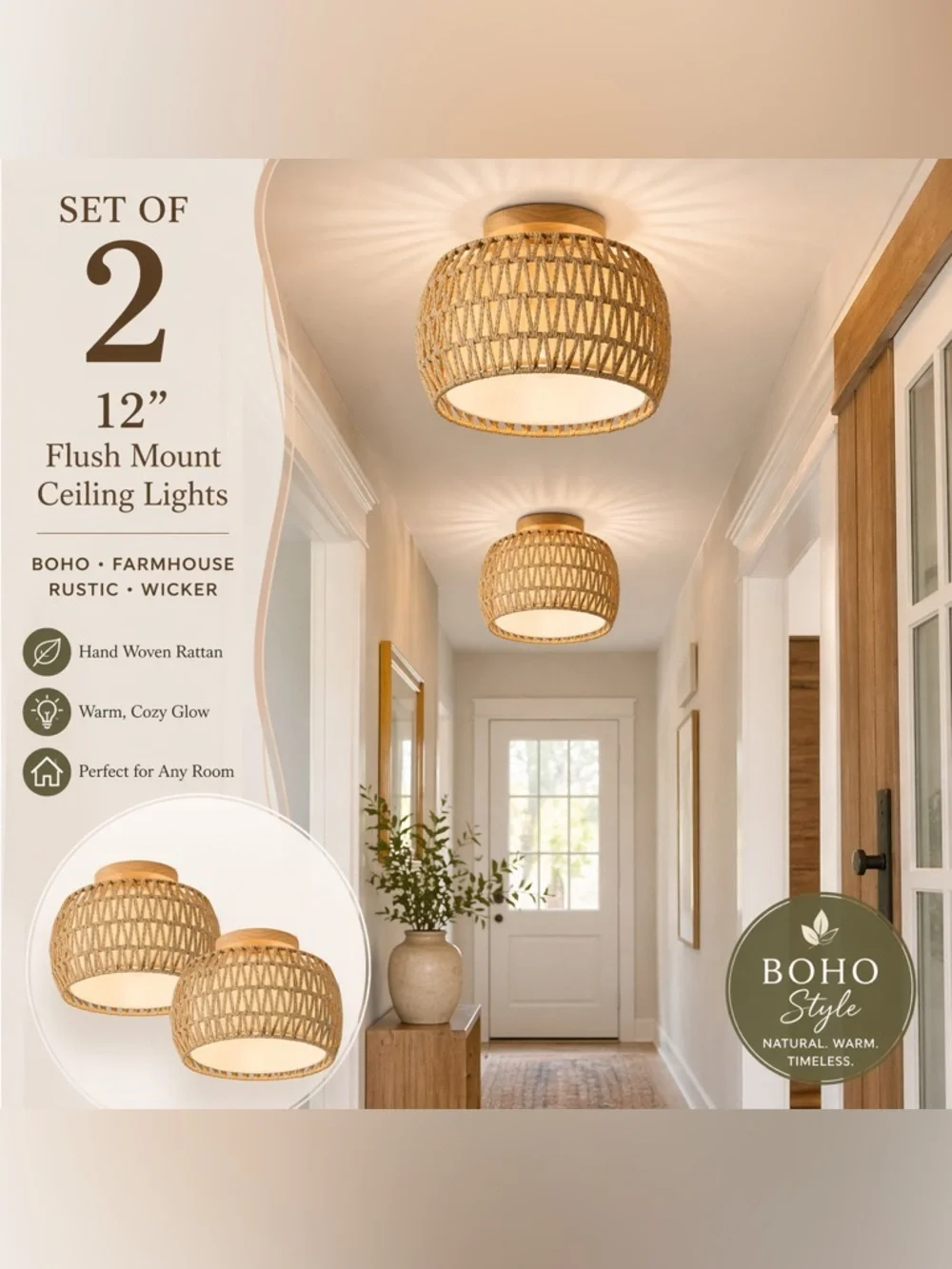 Accents | Boho Rattan Flush Mount Ceiling Lights Set Of 2 Rustic Wicker ...